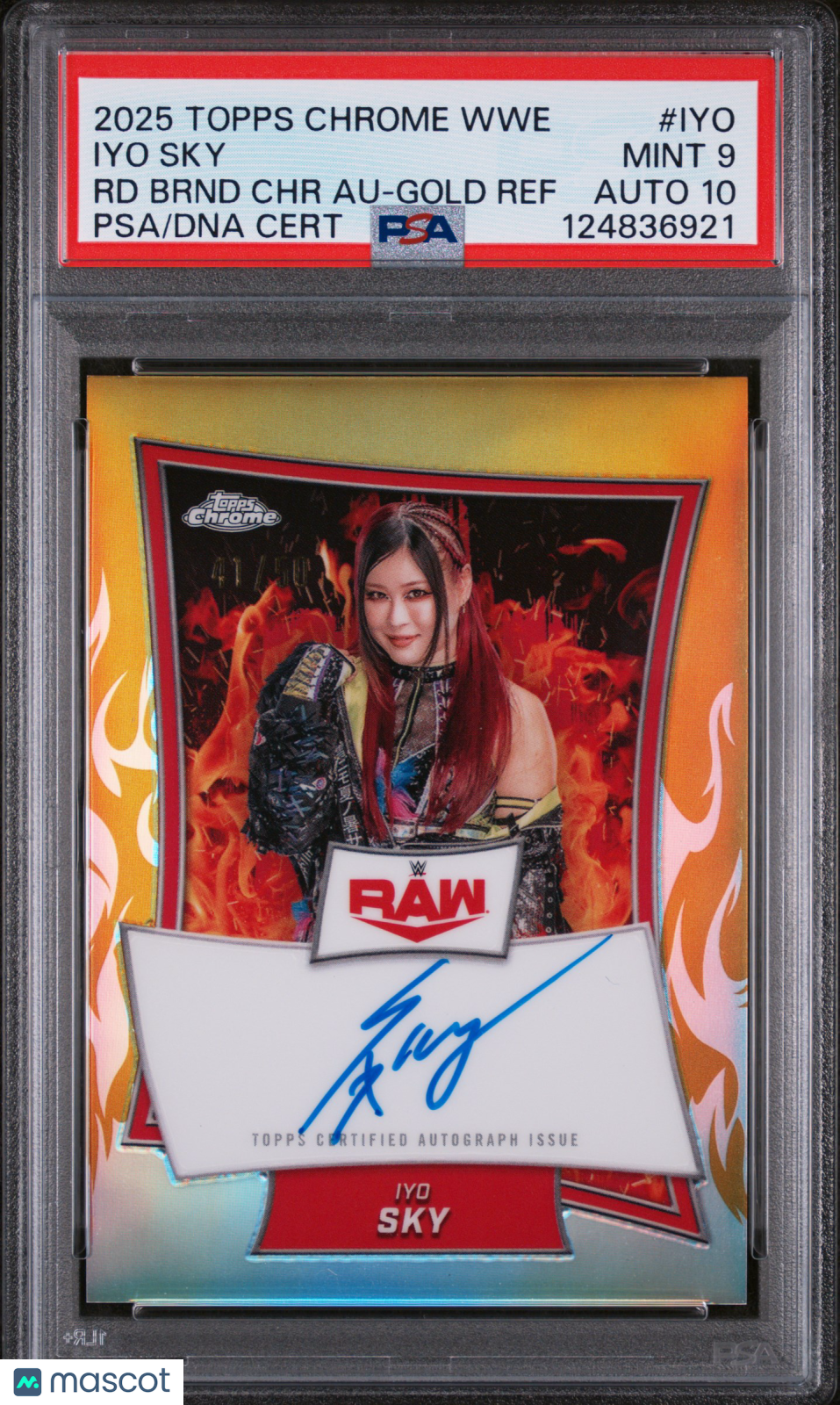 IYO SKY 2025 Topps Chrome WWE Red Brand Chrome Auto Gold Refractor /50 PSA 9