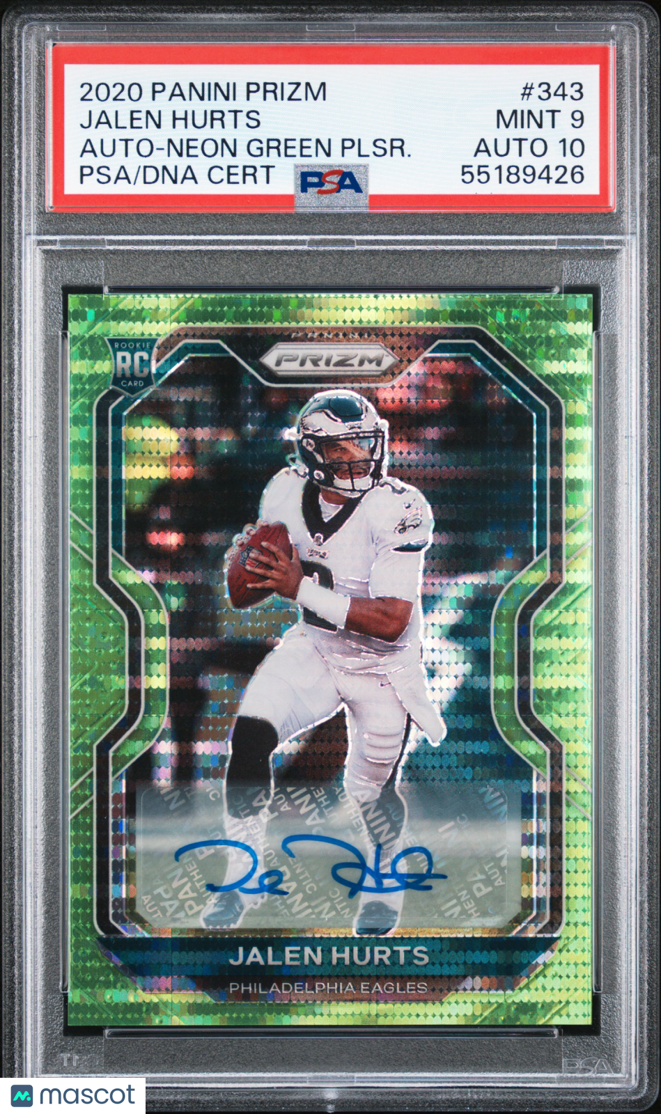 JALEN HURTS 2020 Panini Prizm Rookie Auto Neon Green Pulsar #343 PSA 9 AU 10