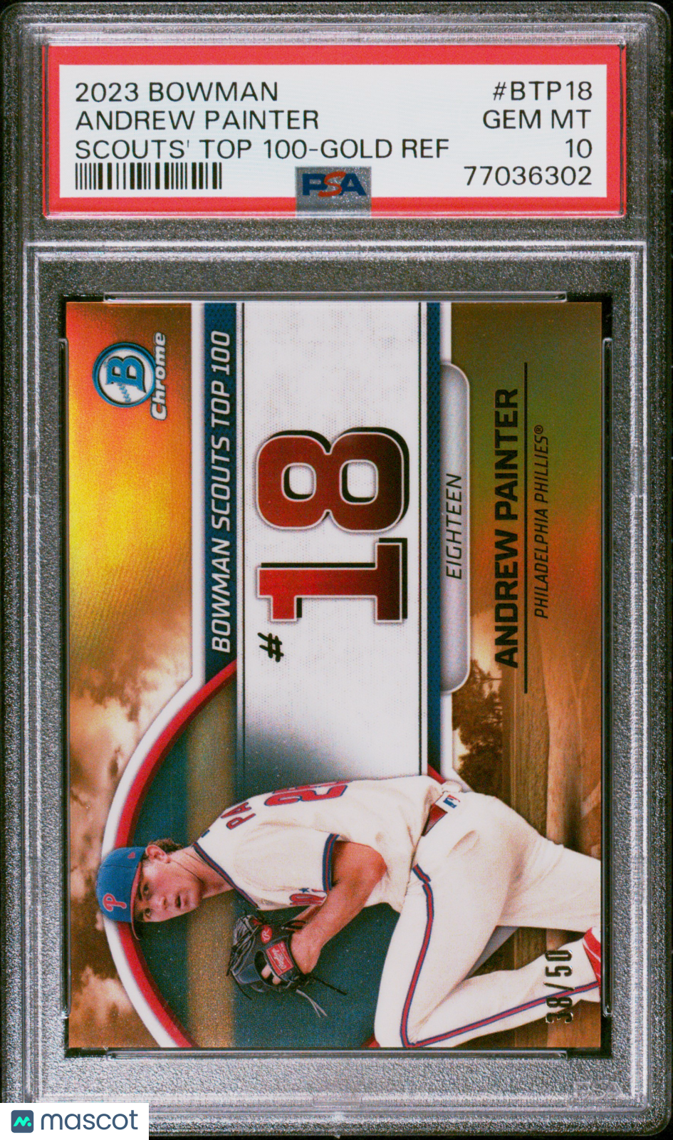 ANDREW PAINTER 2023 Bowman Scouts Top 100 Chrome Gold Refractor /50 BTP18 PSA 10