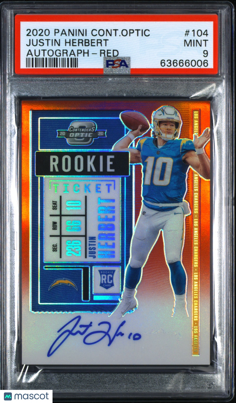 JUSTIN HERBERT 2020 Panini Contenders Optic Rookie Ticket Auto Red /199 PSA 10