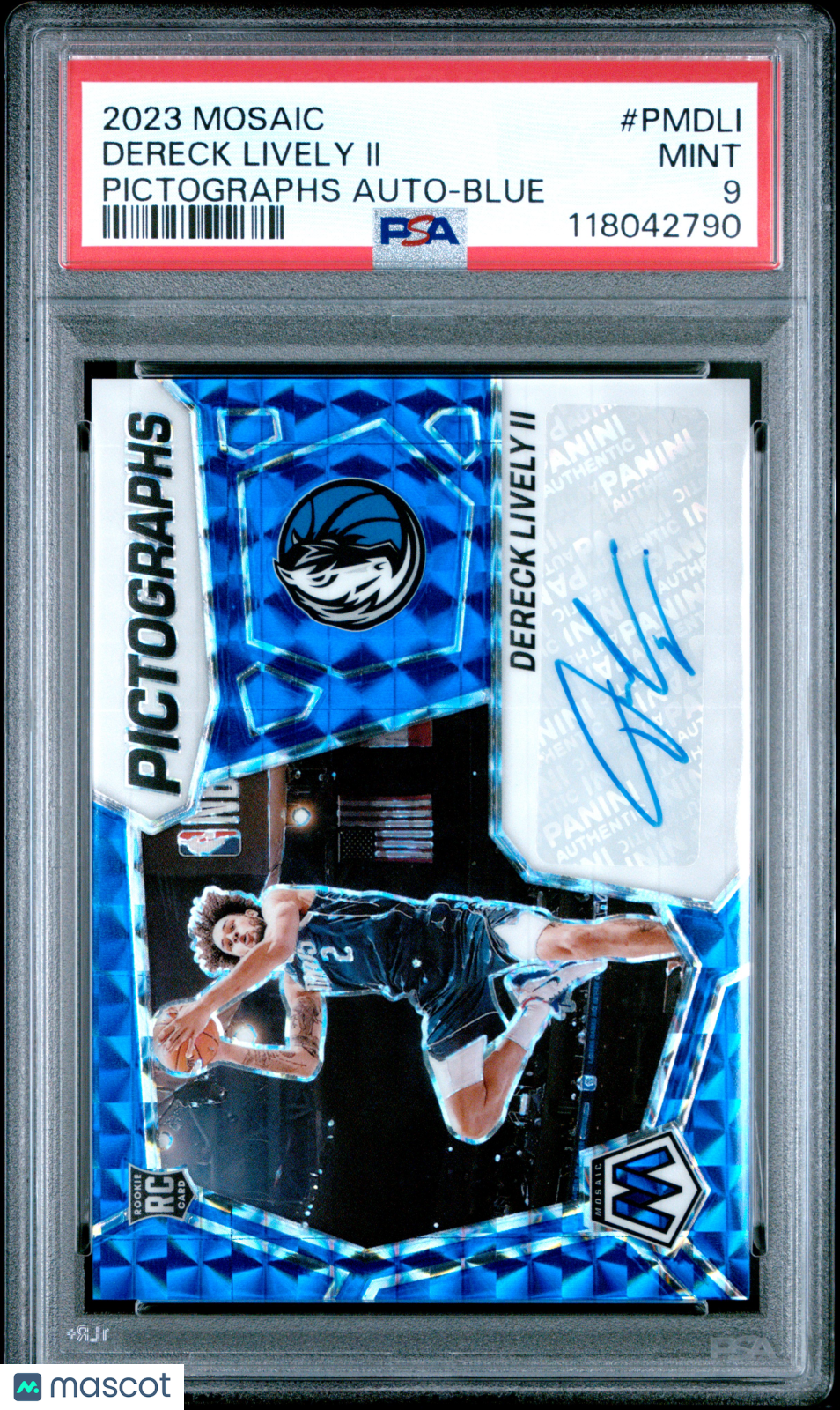 DERECK LIVELY II 2023-24 Panini Mosaic Pictographs Auto Blue /49 #PMDLI PSA 9