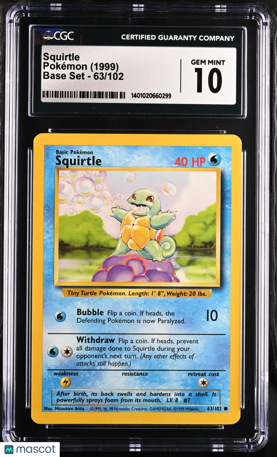 SQUIRTLE 1999 Pokemon Base Set #63/102 CGC 10 GEM MINT