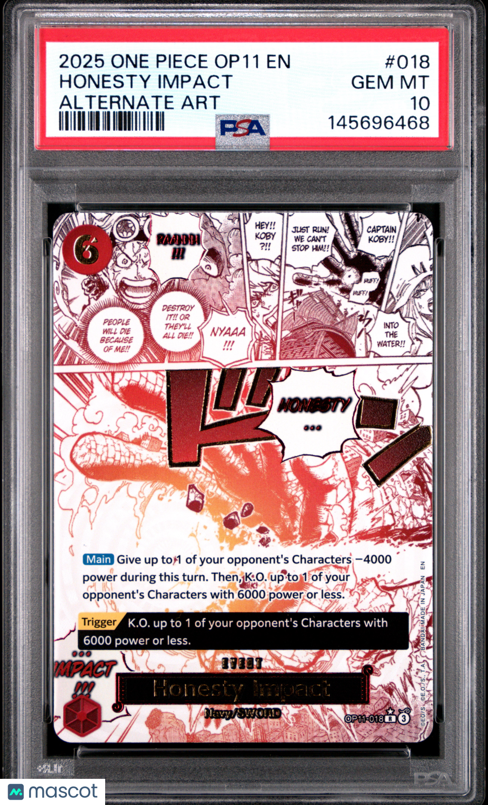 HONESTY IMPACT One Piece A Fist Of Divine Speed Alternate Art #OP11-018 PSA 10