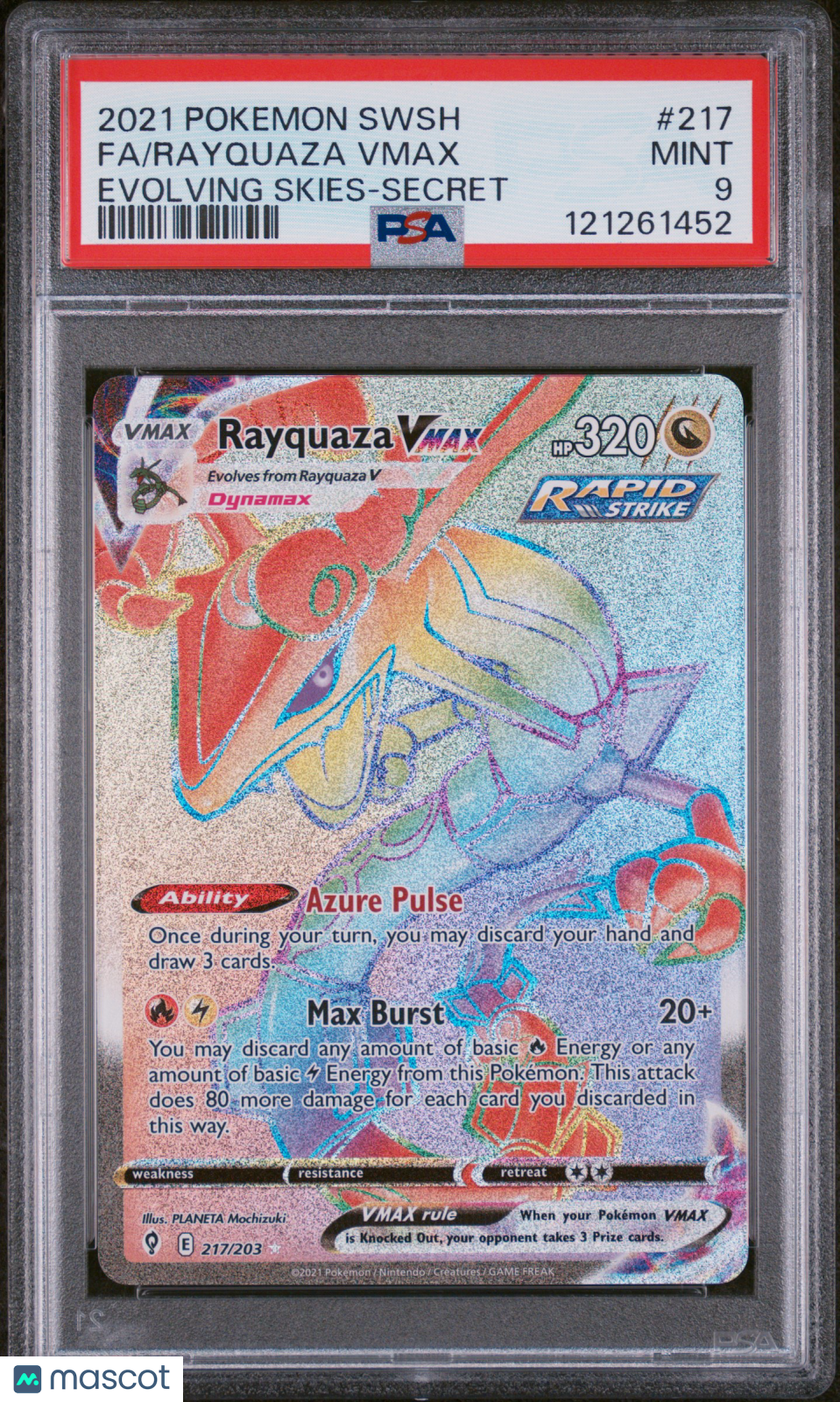 RAYQUAZA VMAX 2021 Pokemon Sword Shield Evolving Skies #217 Secret Rare PSA 9