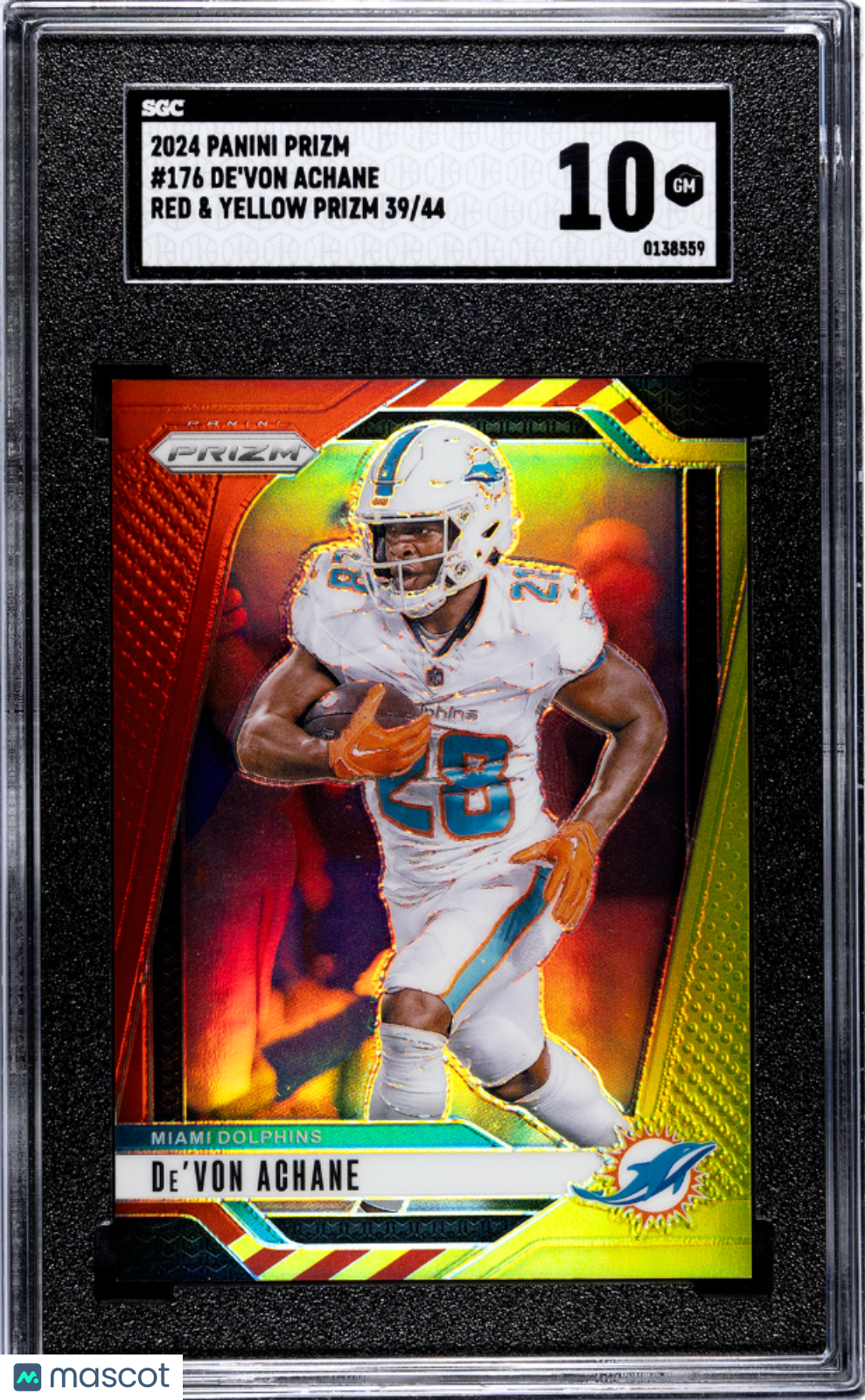 DE'VON ACHANE 2024 Panini Prizm Red & Yellow Parallel /44 SGC 10 #176 Dolphins