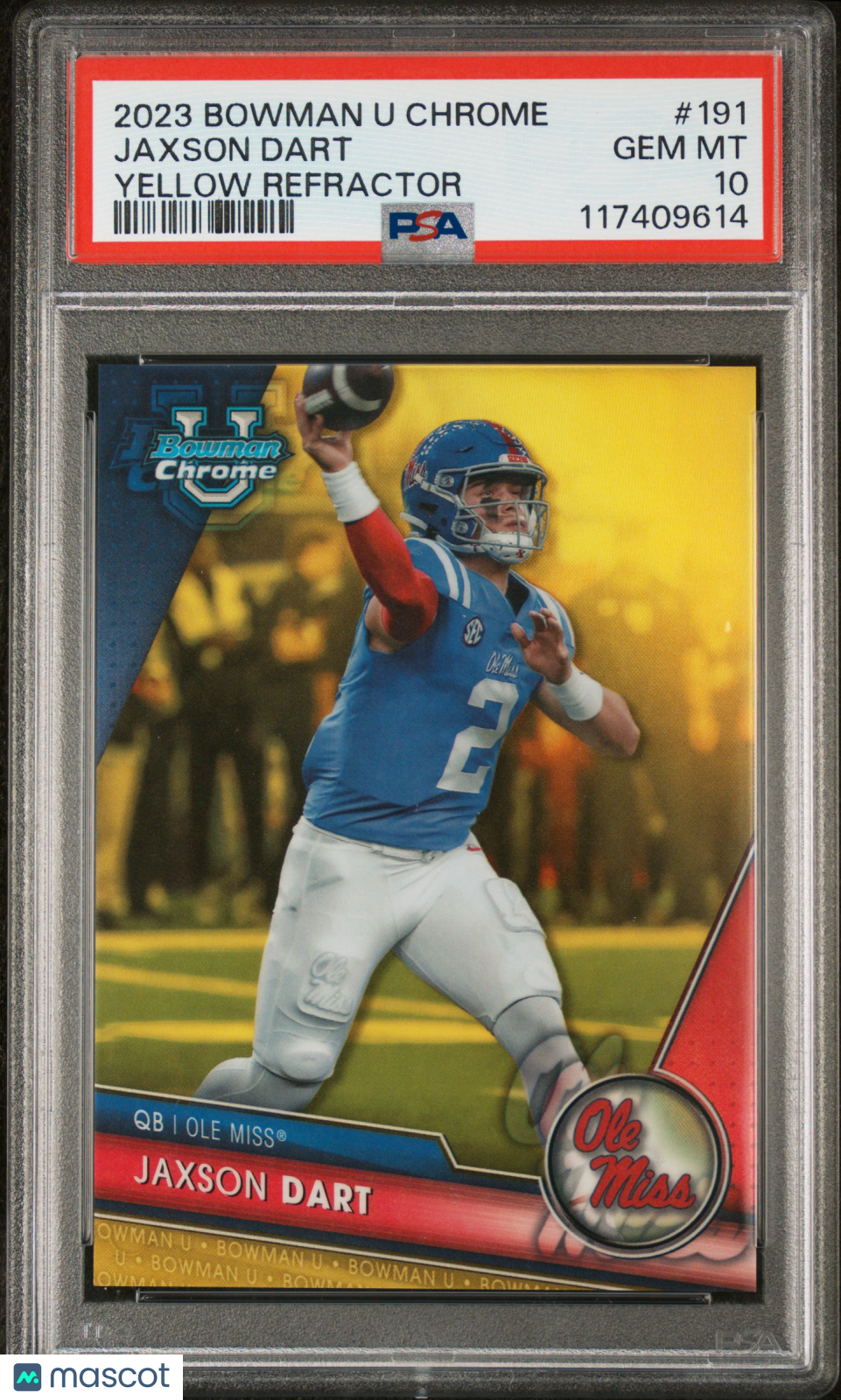 JAXSON DART 2023 Bowman University Chrome Yellow Refractor /75 PSA 10 Ole Miss