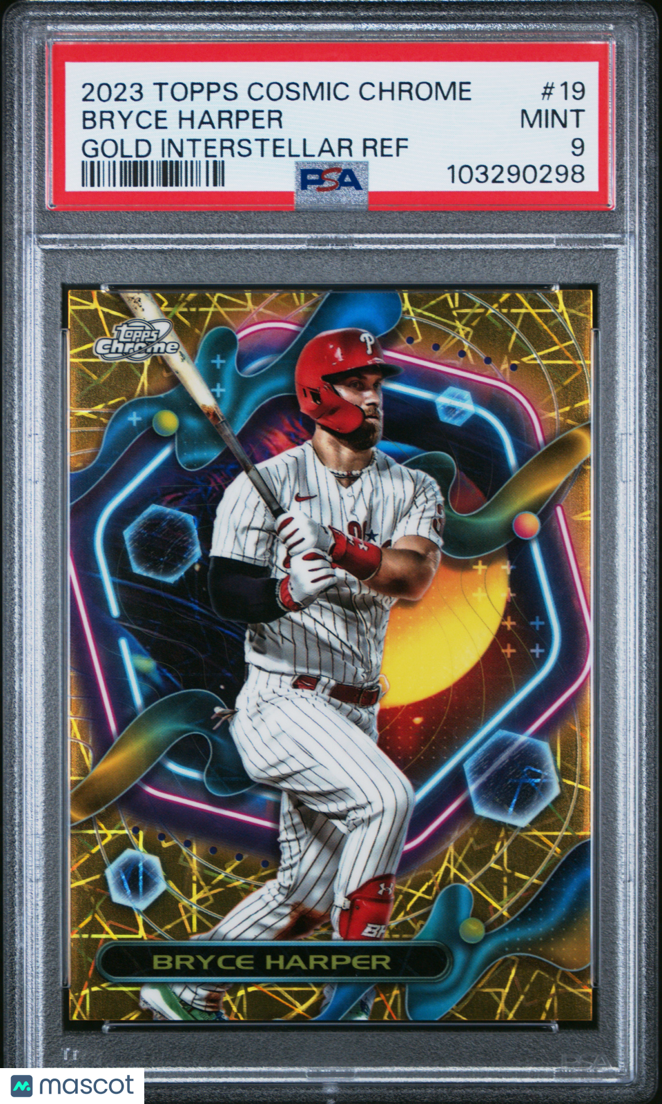 BRYCE HARPER 2023 Topps Cosmic Chrome Gold Interstellar Refractor /50 #19 PSA 9