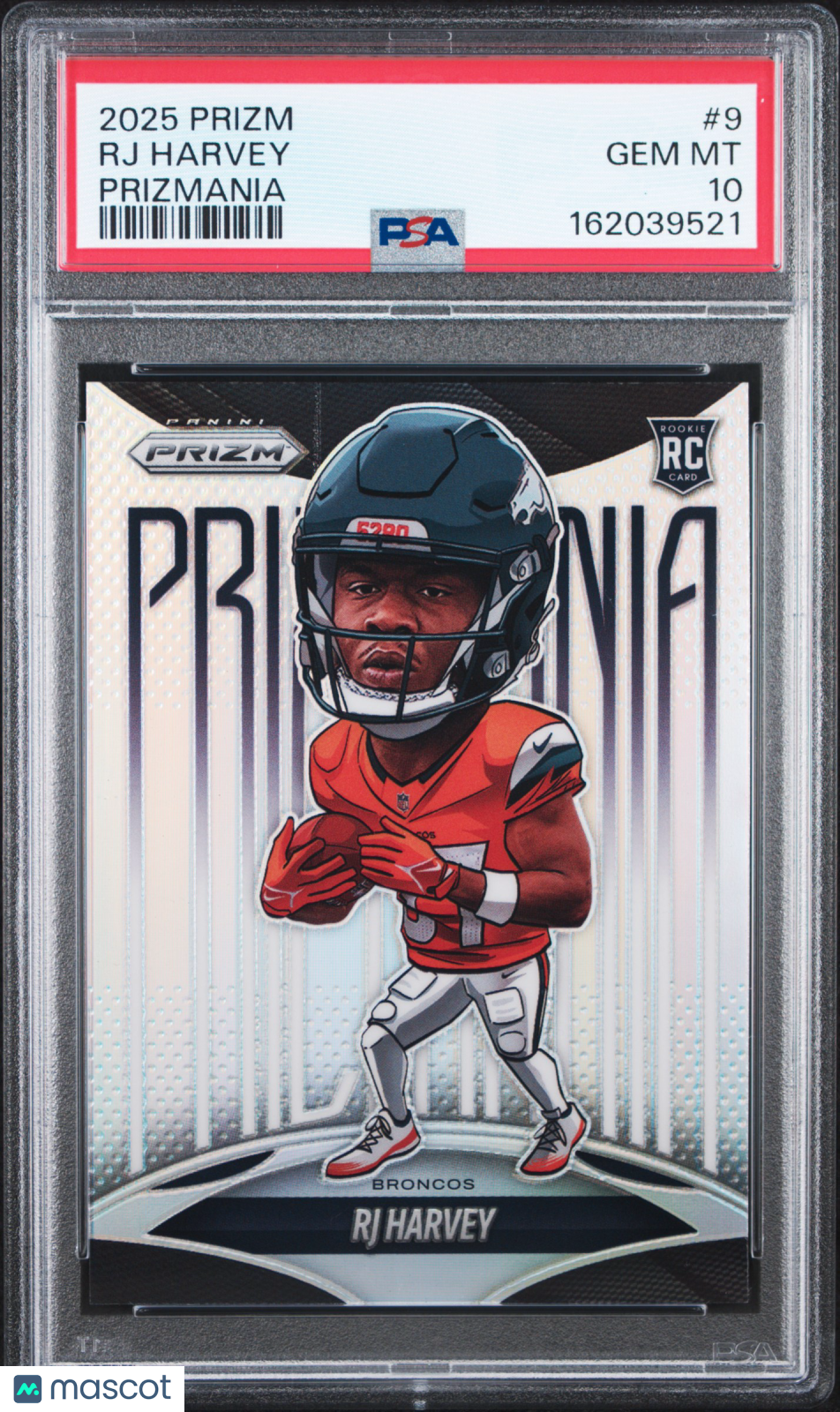 RJ HARVEY 2025 Panini Prizm Prizmania Rookie Case Hit SSP #9 PSA 10 Broncos