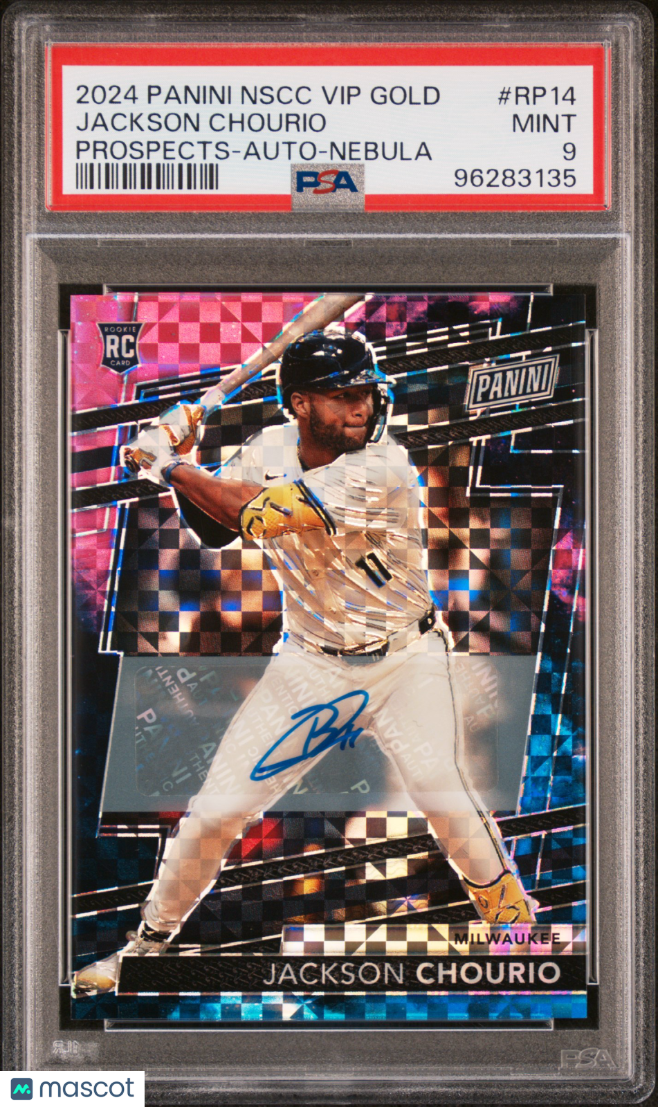 JACKSON CHOURIO 2024 Panini NSCC VIP Gold Pack Nebula Prizm Auto /9 PSA 9