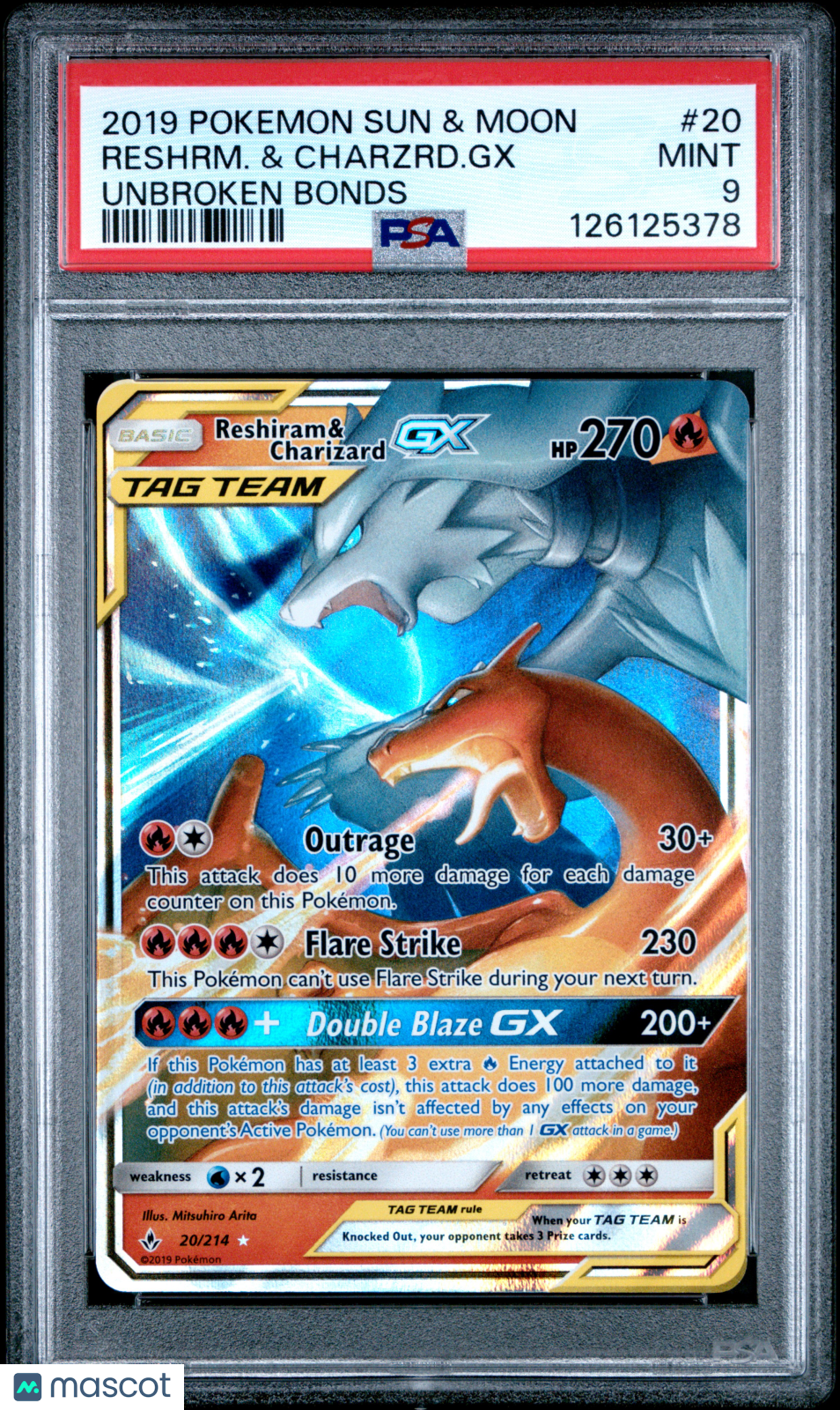 RESHIRAM & CHARIZARD GX 2019 Pokemon SM Unbroken Bonds #20 Ultra Rare PSA 9