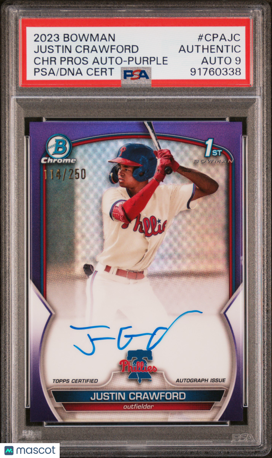 JUSTIN CRAWFORD 2023 Bowman Chrome 1st Prospect Auto Purple /250 #CPAJC PSA AUTH