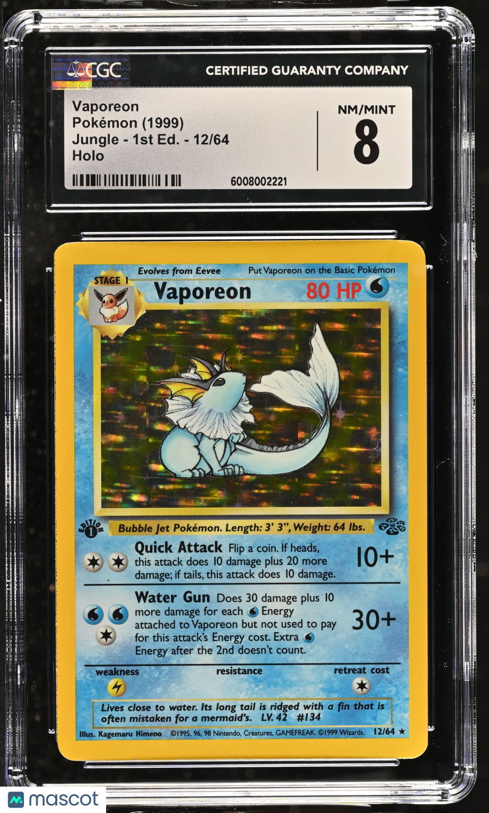 VAPOREON 1999 Pokemon Jungle Holo Rare 1st Edition #12/64 CGC 8 NM-MT