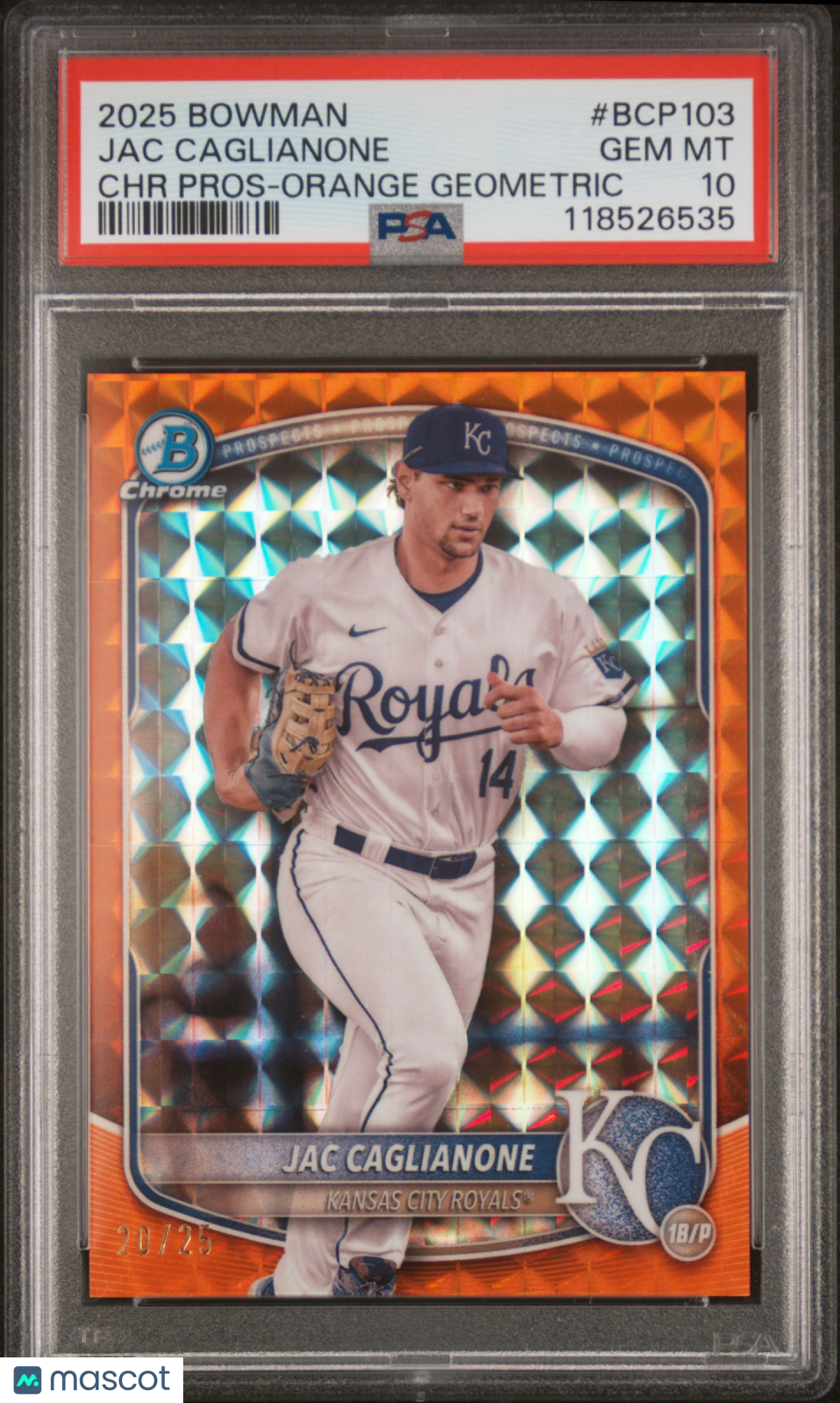 JAC CAGLIANONE 2025 Bowman Chrome Prospect Orange Geometric /25 #BCP103 PSA 10